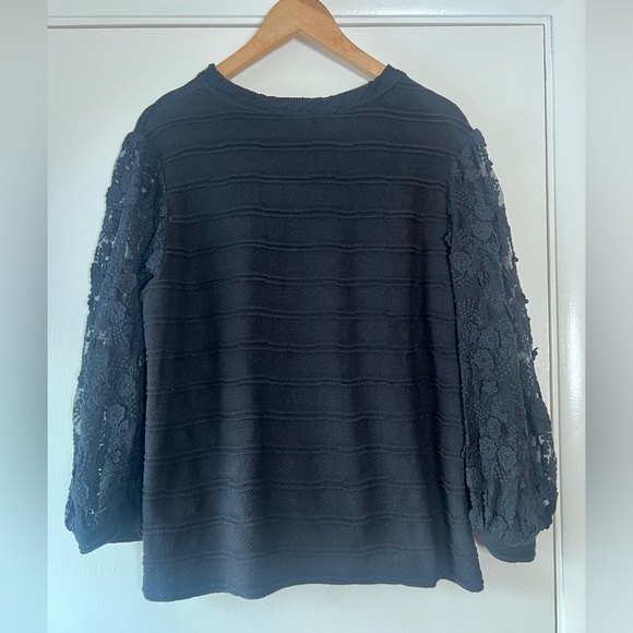 Anthropologie Eri + Ali Chelsea Knit Top Lace Balloon Sleeves Solid Black Medium - Picture 9 of 9